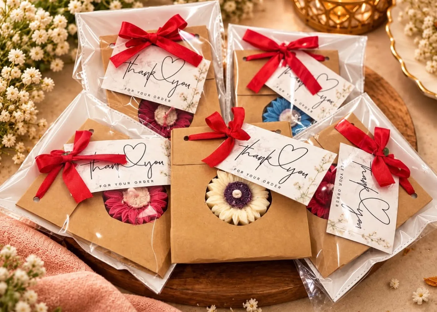 Daisy candles packed as return gifts in kraft pouches with red ribbons and thank-you tags