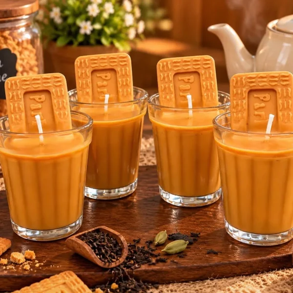Four masala tea soy candles in cutting-chai glasses, each with a biscuit-shaped candle, on a wooden tray