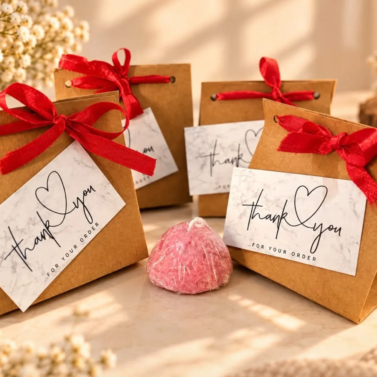 Small pink ice-cream scoop soy candle between kraft gift bags with thank-you tags