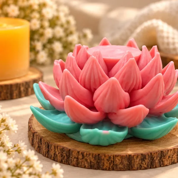 Pink lotus soy candle with teal leaves on a wooden slice