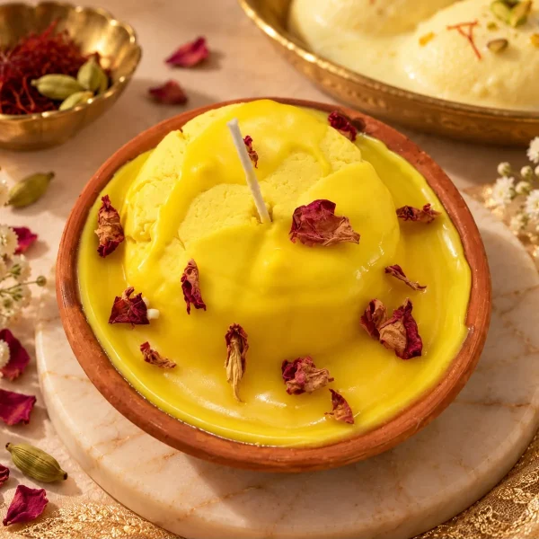 Yellow rasmalai soy candle in a clay kulhad bowl, sprinkled with dried rose petals