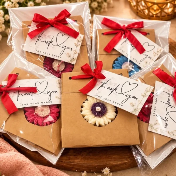 Daisy flower soy candles packed in kraft paper bags with red ribbon and thank-you tags