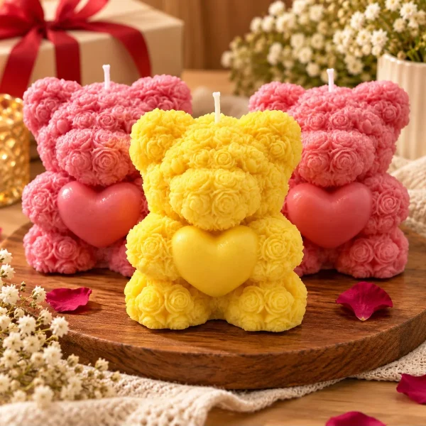 Rose-textured teddy bear soy candles in pink and yellow, each holding a heart