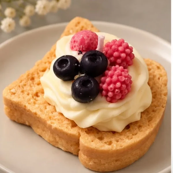 Berry toast soy candle: a slice of toast with whipped cream, blueberries and raspberries